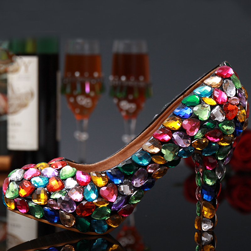

New Arrived Multi Crystal Bridal High Heel Wedding Dress Shoes Closed Toe Ladies Shoes Woman Evening Party Prom Pumps, Multicolor
