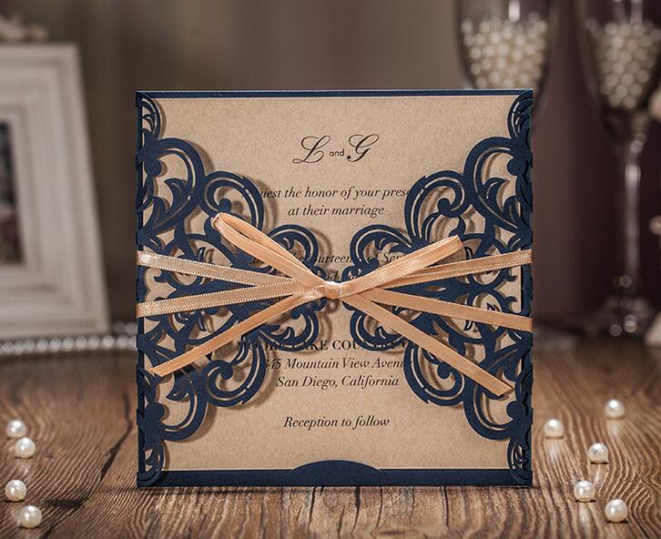 

2018 luxury laser cut wedding invitations customized printing Navy Hollow Flower Party invitation cards, Same as picture