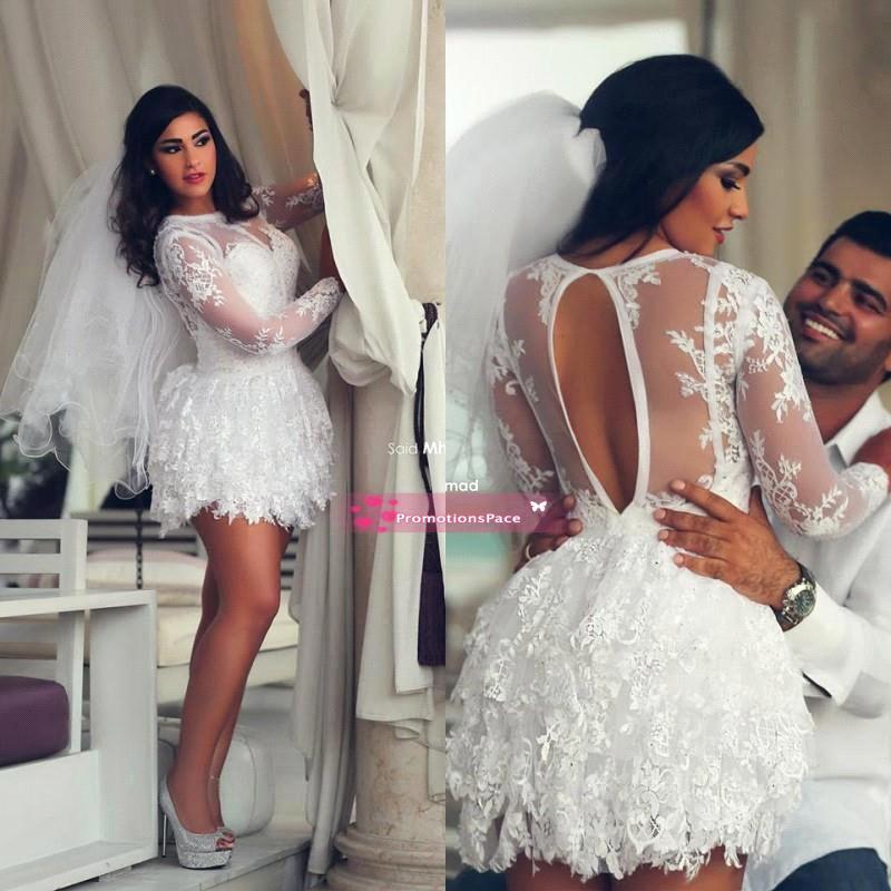 

2015 Vintage Short Lace Wedding Dresses High Neck Long Sleeves Sexy Backless Garden Beach Bridal Gowns Short Prom Party Dresses BA2102, Gold