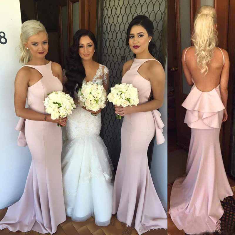 Gorgeous 2016 Blush Satin Mermaid Bridesmaid Dresses Sexy Backless Hips Tiered Sweep Train Maid Of Honor Dress Plus Size Custom Made EN9156