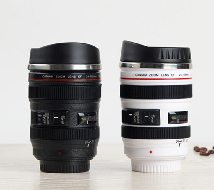 

New 5 Generation Camera Lens Mug 400ml Creative Canon Portable Stainless Steel Tumbler Travel Vacuum Flask Milk Coffee Mug Novelty gift cups, Black