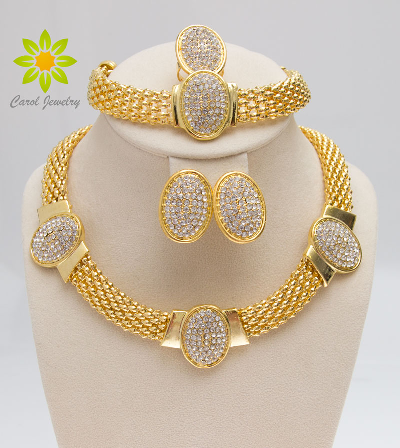 

Free Shipping 2015 Gold Plated Necklace Bracelet Earrings&Ring Wedding Dress Accessories Costume Women Party Crystal Jewelry Sets, Golden