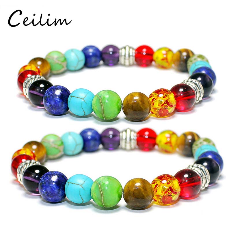 

2017 Fashion Women Adjustable Bracelet Natural tiger eye & laips & amethyst stone Seven Rainbow color stone Beaded Balance Yoga Bracelets