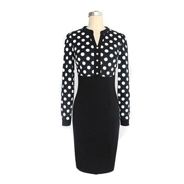 Femmes Manches Longues Robe Moulante Col En V Polka Coudre Couture Genou Longueur Mousseline De Soie Robe S-2XL LY2 FG1511