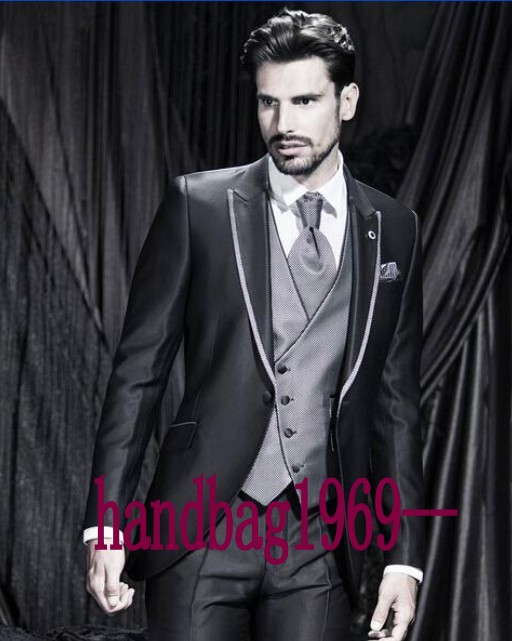 

One Button Black Groom Tuxedos Peak Lapel Groomsmen Mens Wedding Tuxedos Clothing Prom Suits (Jacket+Pants+Vest+Tie) AA1211, Custom made other color