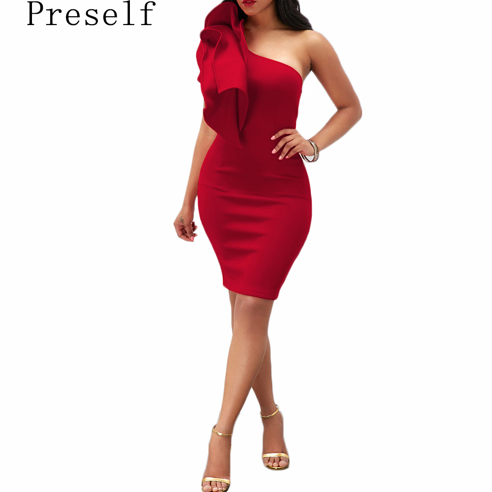 Preself Mode À Volants Une Épaule Moulante Mini Robe Femmes Sexy Épaule Inclinée Robe Courte 2017 D'été q171118