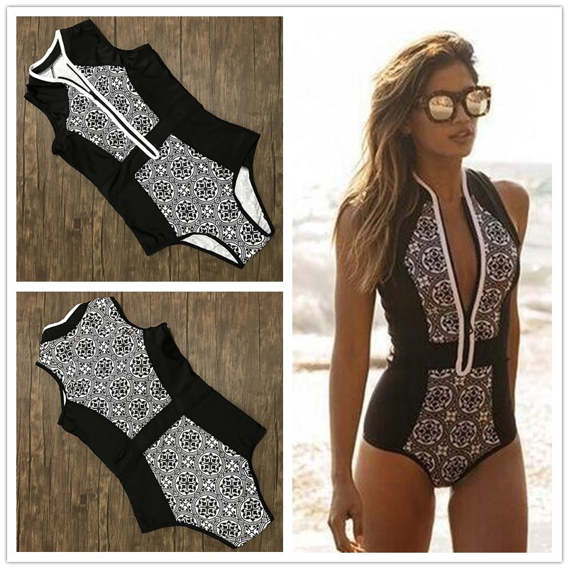

Wholesale- 2017 Print Floral One Piece Swimsuit Slim Swimwear Women Bathing Suit Retro Swimsuit Vintage One-piece Surfing Swim Suit, Black