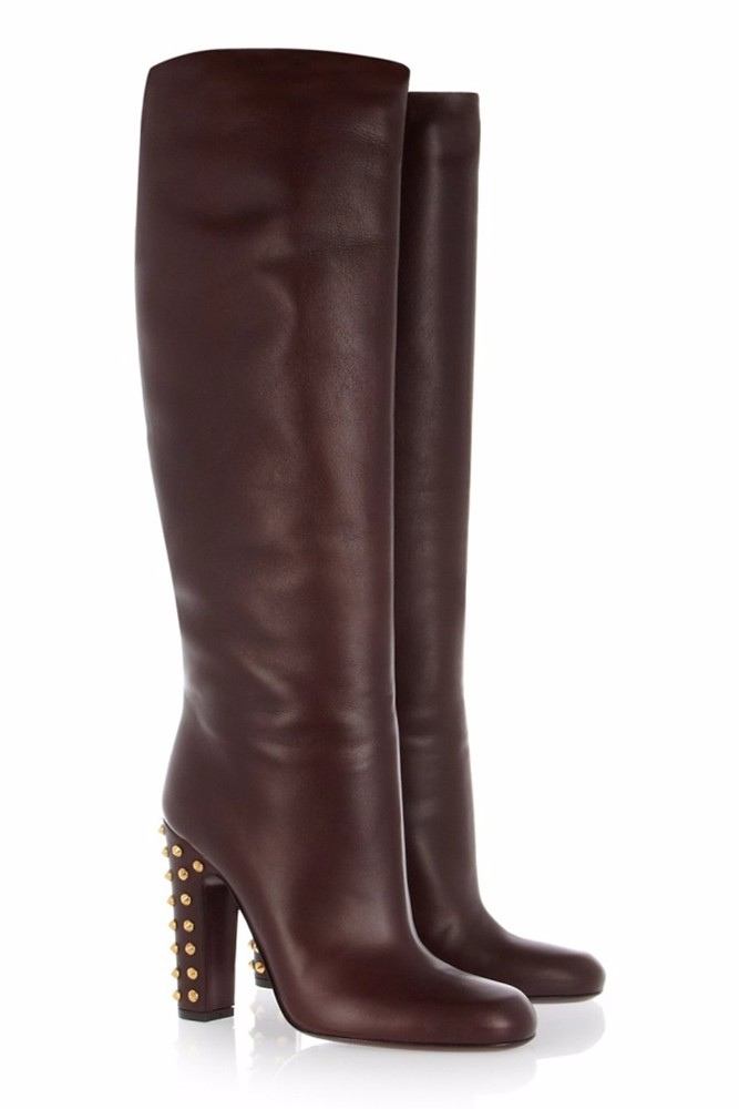 

new fashion boots pointed toes rivets chunky heels soft leather motorcycle winter boots shoes women knee boots, Black