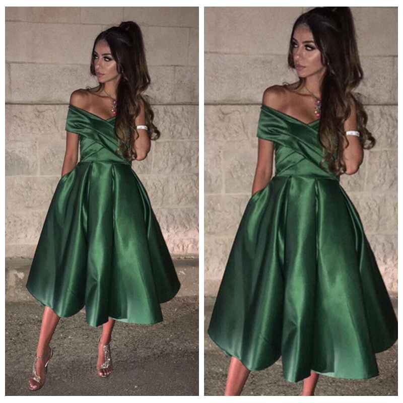 

2018 Dark Green Tea-Length Prom Dresses Satin Off The Shoulder A Line Formal Party Gowns Homecoming Dress, Silver