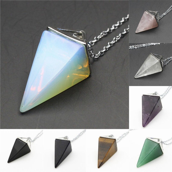 

Wholesale Lots 9 colors Quartz Crystal Stone Point Chakra Healing Gemstone Pendant Necklace Charms Opalite Amethyst Rose Quartz Tiger Eyes, Silver