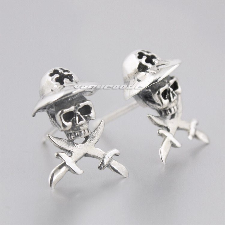 

9925 Sterling Silver Skull Sword Cross Mens Biker Rocker Stud Earring 8M022