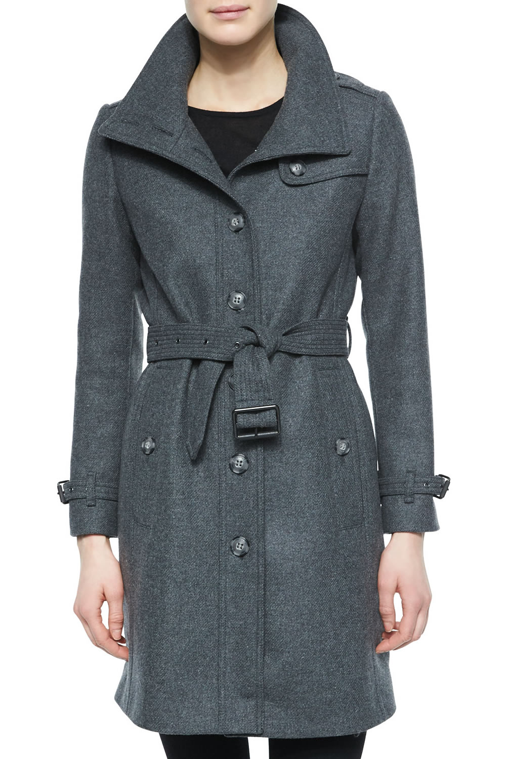 

Single Breasted Women Coat With Belt Turn Down Collar Trench 120902, As pictures