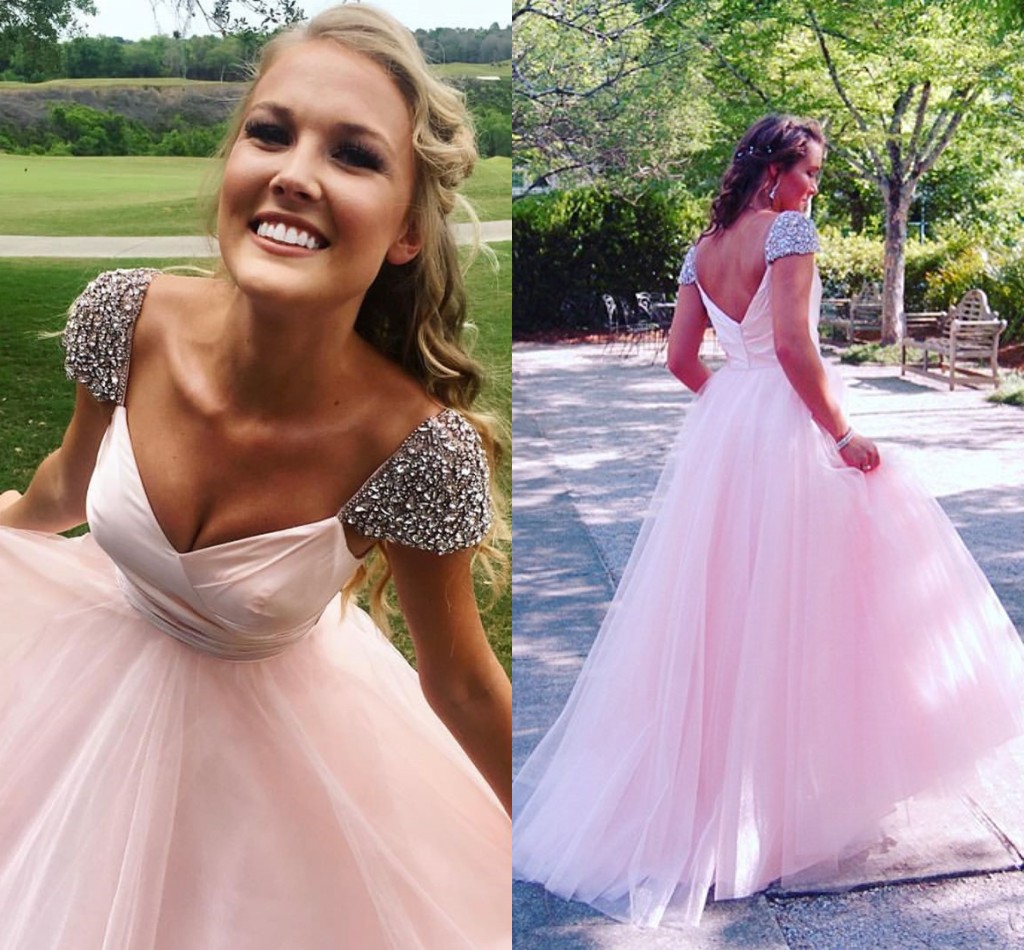 

Light Pink Tulle Long Prom Dresses V Neck Beaded Cap Sleeves Full Length Backless Ball Gown Prom Dresses Graduation Dresses Homecoming Dress, Royal blue