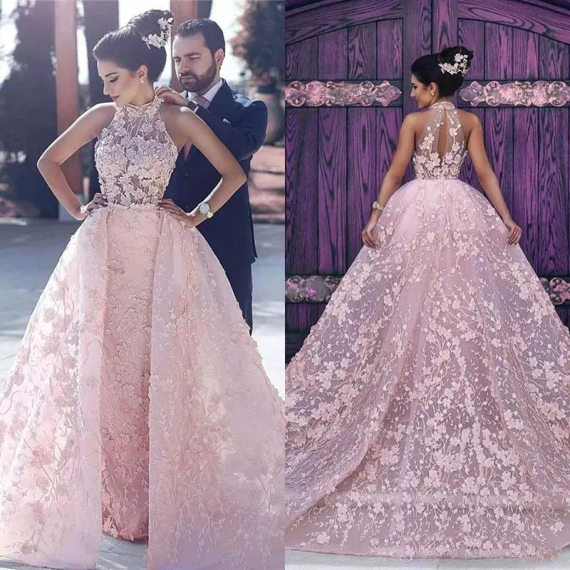 2019 Glarmorous Rose Overskirt Bal Robes Haut Cou Sans Manches Full Applique Dentelle Pageant Robe De Soirée Robe De Festa