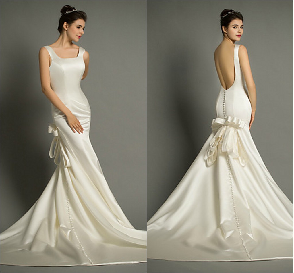 

2016 Best Sale Fashion Custom Made Trumpet/Mermaid Charming Ivory Backless Buttons Court Train Square Satin Wedding Dresses 213, Champagne