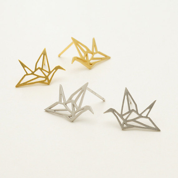 

30Pair- S011 Gold Silver Origami Crane Stud Earrings Baby Paper Crane Bird Earrings Stud Little Swallow Earrings Animal jewelry