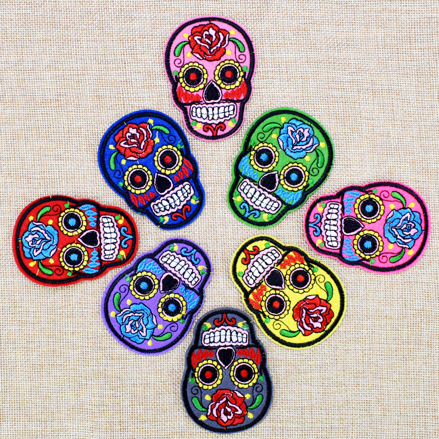 

8 Styles Punk Rose Skull Patch for Clothing Iron on Transfer Applique Patches for Jeans Bags DIY Sew on Embroidery Badge 10PCS