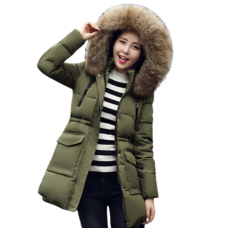 

2017 high quality Fur collar hooded warm thicken women winter jacket coat solid cotton padded womens parka outerwear for women q171118, Army green