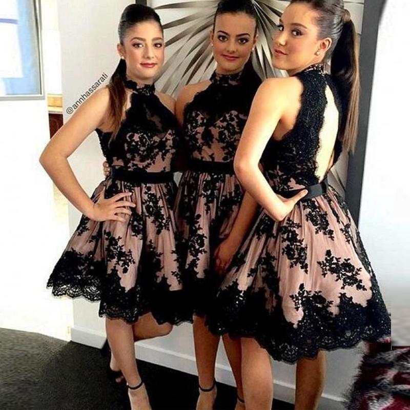 

Black Lace Short Bridesmaid Dresses A Line backless High Neck Vestido De Novia Wedding Party Homecoming Gowns