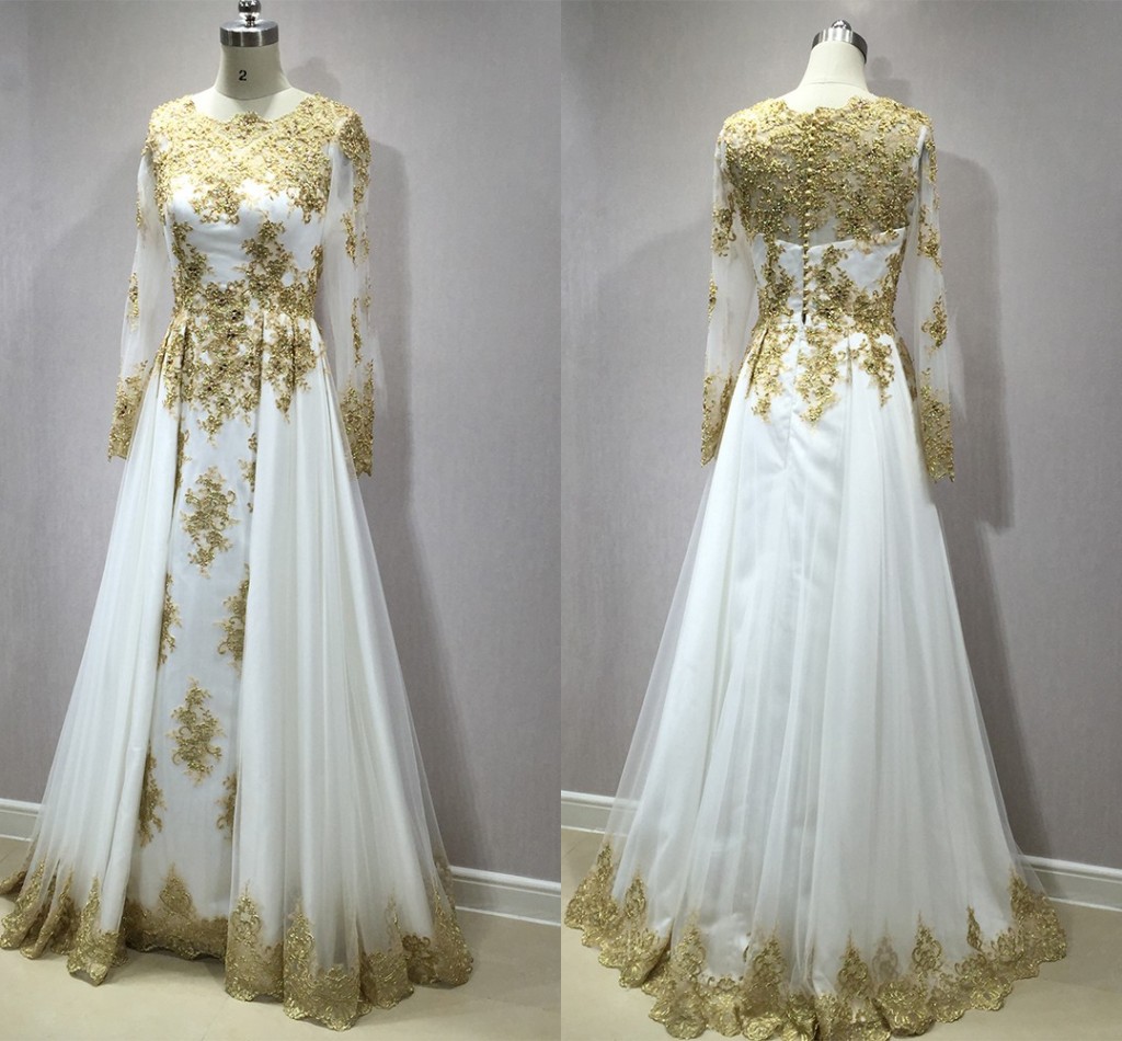 

2018 White With Gold Lace Evening Prom Dresses Illusion Long Sleeves Jewel neck A line Tulle Applique Beaded Celebrity Formal Dress Gowns, Daffodil