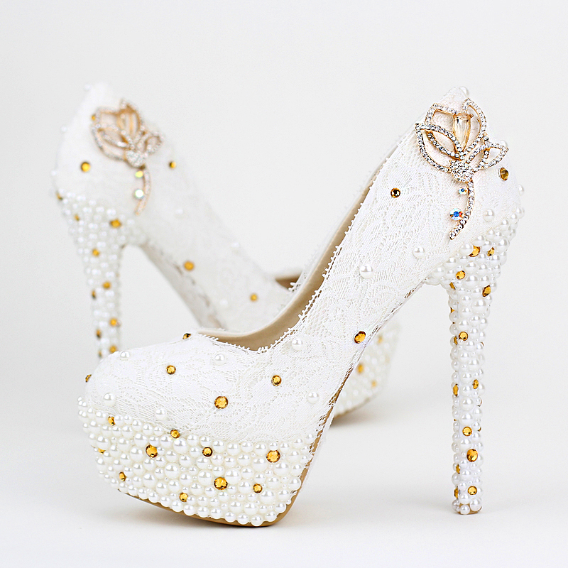 

Customized White Lace Wedding Party Shoes Genuine Leather Women Platforms with Pearl 5 Inches Heel Graceful Bridal Shoes