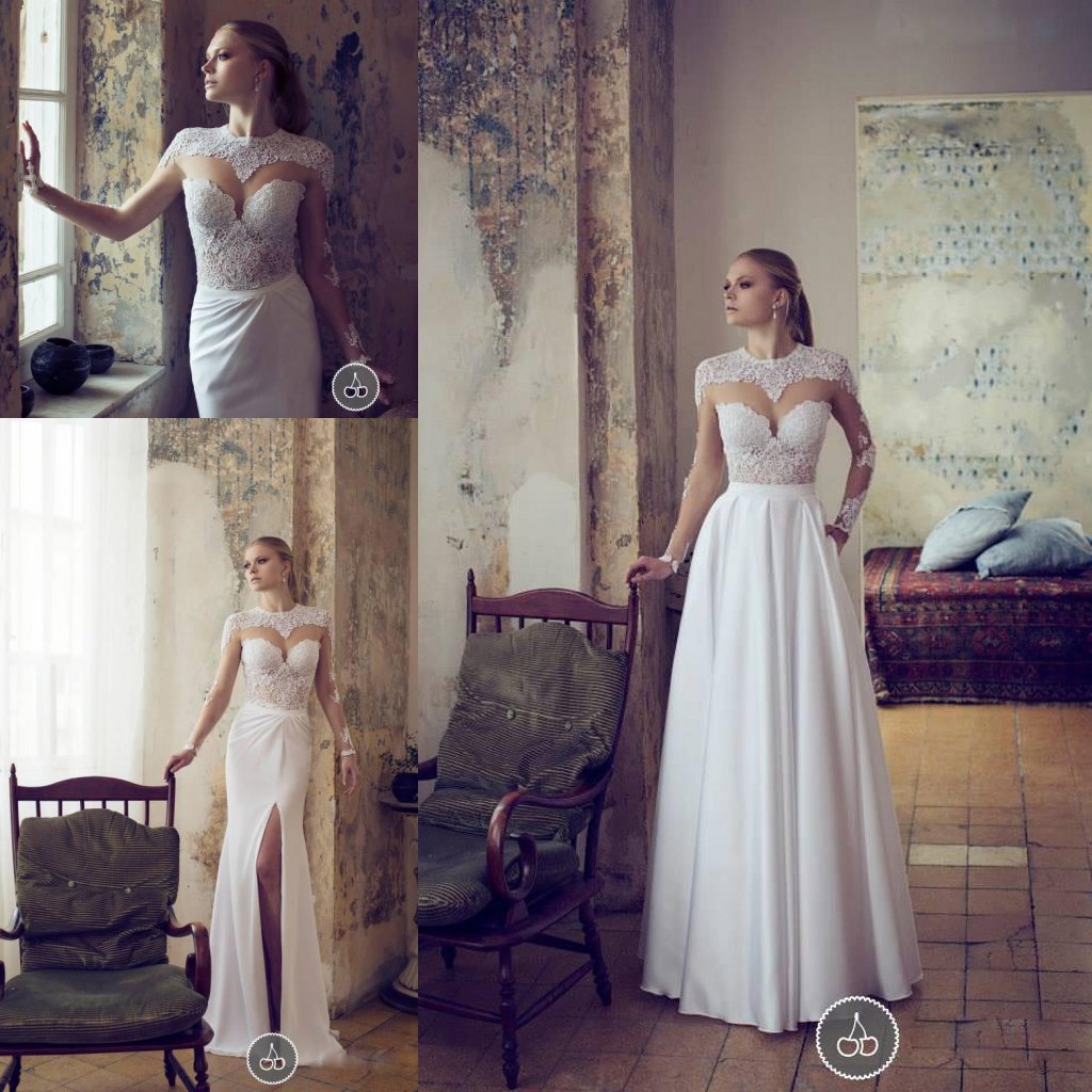 

Vintage Lace High Neck Two Pieces Wedding Dresses with Detachable Skirt /Train Long Sleeves Front Split Sheer Bridal Gowns with Pocket, Ivory