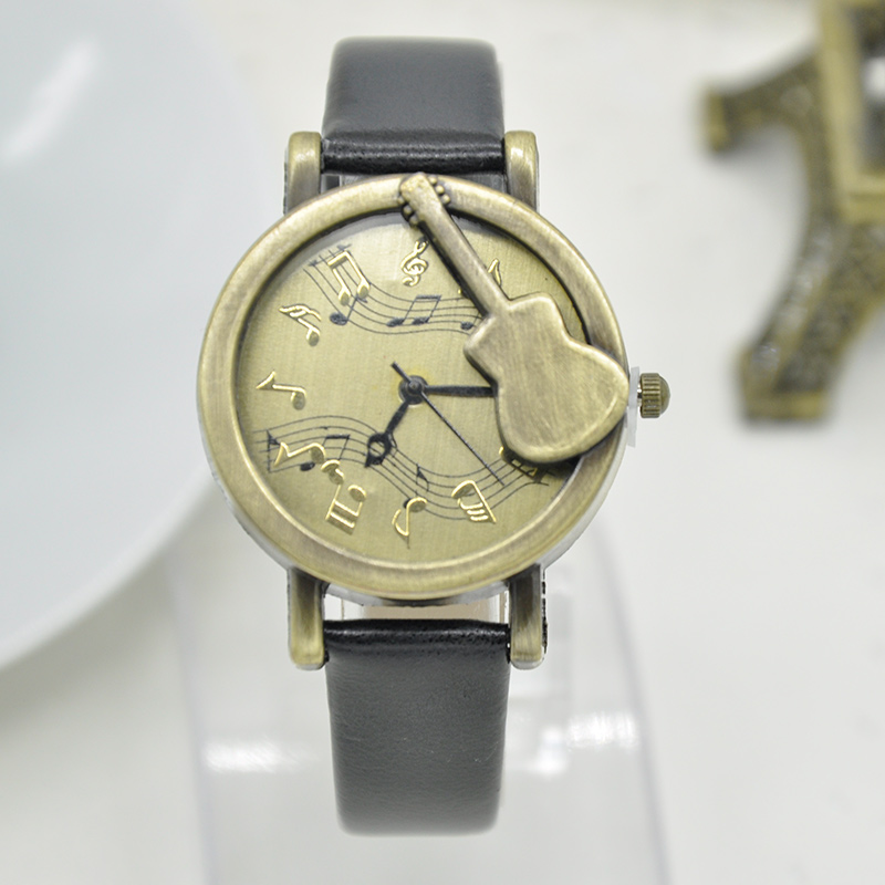 

Wholesale-2016 Vintage Women Wristwatch PU Leather Quartz Dress Watch Guitar Musical Notes Casual Watch Men Women Watch