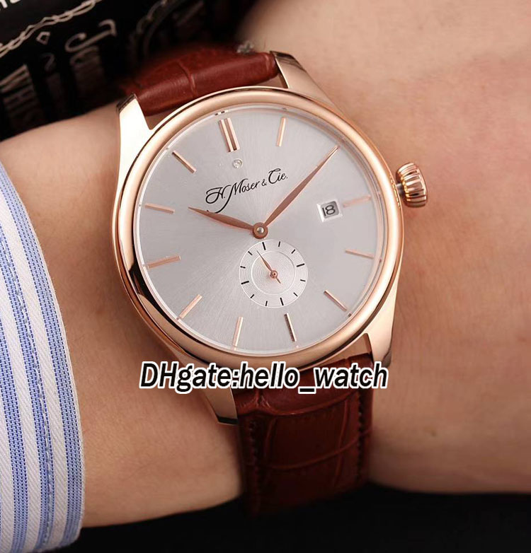 

New Style Brand H.Moser & Cie Venturer Small Seconds 2100-0400 White Dial Automatic Mens Watch Rose Gold Case Leather Strap Gents Watches, Hm-01e