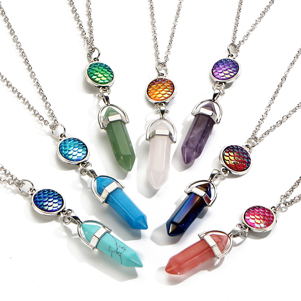 

2017 Hexagonal Column Natural Stone Pendant with Fish Scale Chakra Necklace Crystal Quartz Charms Silver Chain Collana Colier