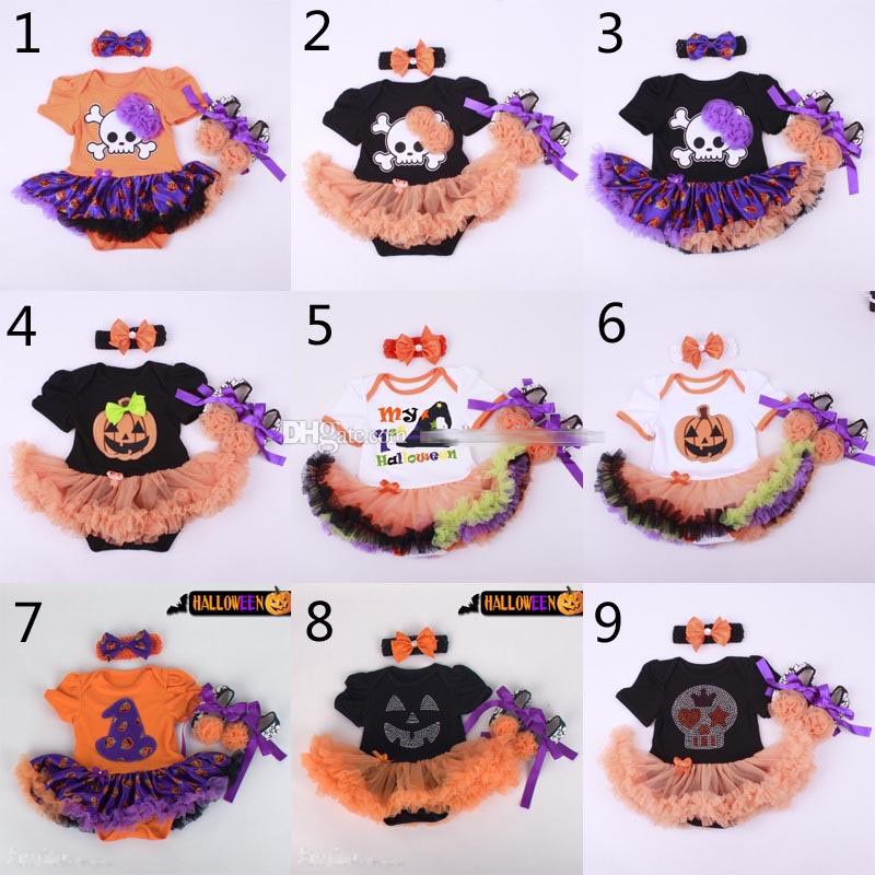 

Baby Christmas rompers 3pcs suit 2015 new Halloween Skull head pumpkin girl Short sleeve rompers Hair band shoes baby dress 3set/lot, 1lot=1set=3pcs