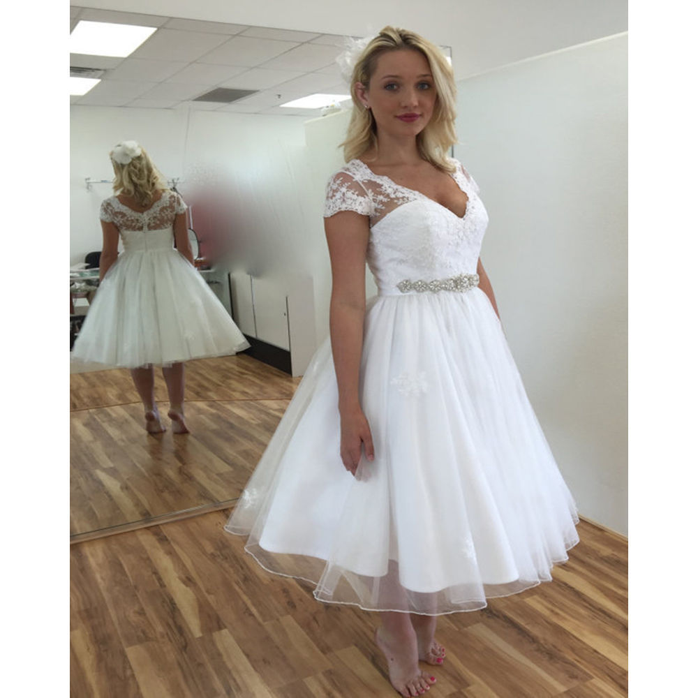 

Sexy White Lace Tea Length Wedding Dress Cap Sleeve V Neck Beach Wedding Dresses Beaded Cheap Plus Size Wedding Dress Short Bridal Gowns, Same as image