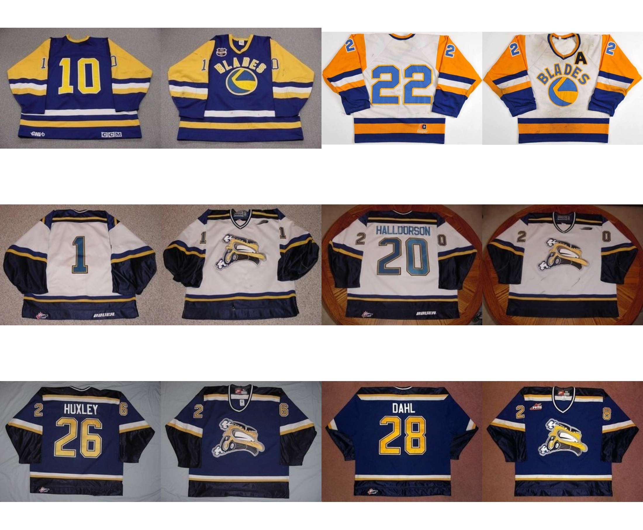 

Custom WHL Saskatoon Blades 20 Derek Halldorson 26 Adam Huxley 28 John Dahl 10 Nobr 22 Kelly Chase Ice Hockey Jerseys Goalit Cut