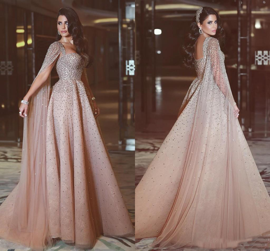 

2019 Elegant Dubai Beading Long Evening Dresses with Cape Tulle Floor Length Arabic Women Formal Prom Gown Custom Made Vestido Festa, Fuchsia