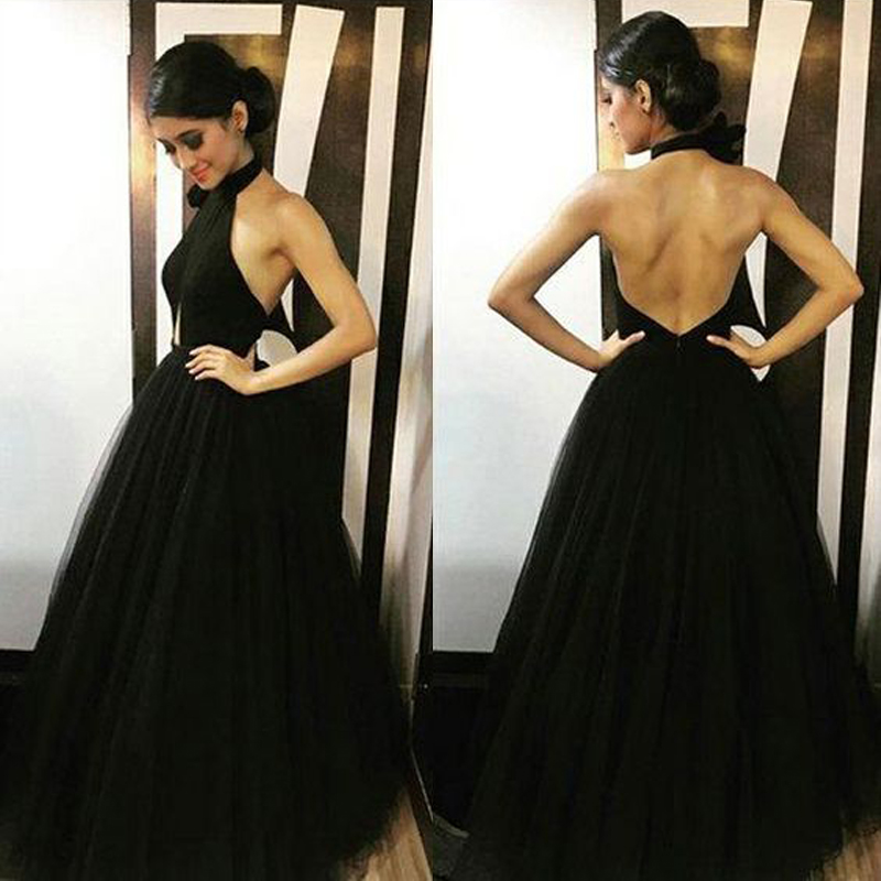 

New Arrivals 2017 Black Tulle Sexy Backless Prom Dresses Long Cheap Halter Neck Pleats Floor Length Formal Dresses Party Evening EN112215, Silver