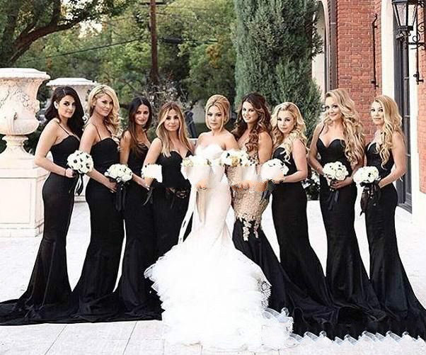 

Black Mermaid Country Style Bridesmaid Dresses Spaghetti Cheap Summer Petite Prom Dresses Fishtail satin maid of honor Evening Party Gowns