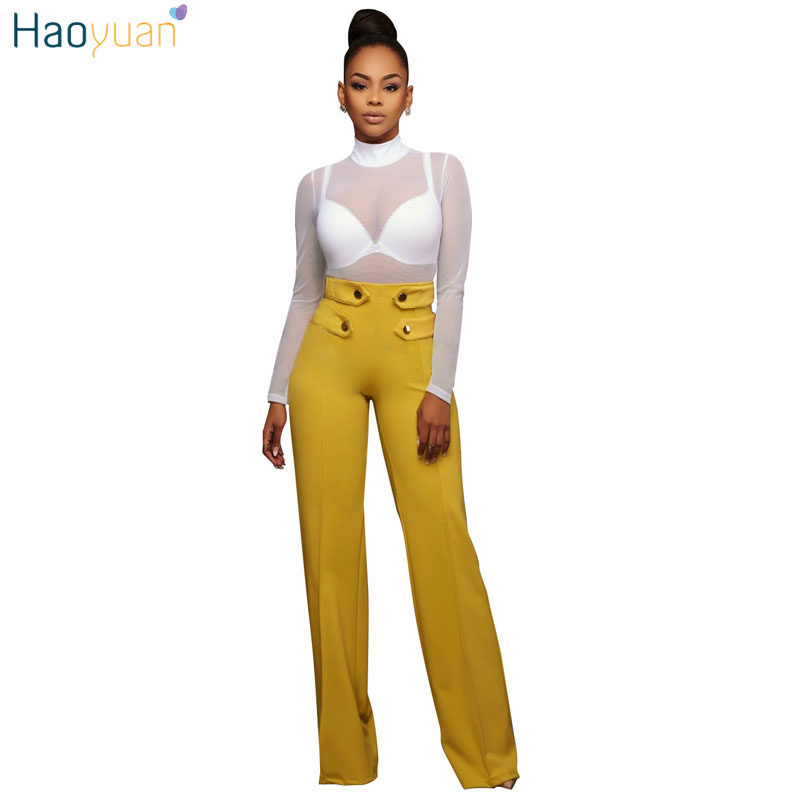 

HAOYUAN Casual Loose Palazzo Pants 2017 Women Clothes High Waist Trousers Long Culottes Blue Black White Stretch Wide Leg Pants q1110