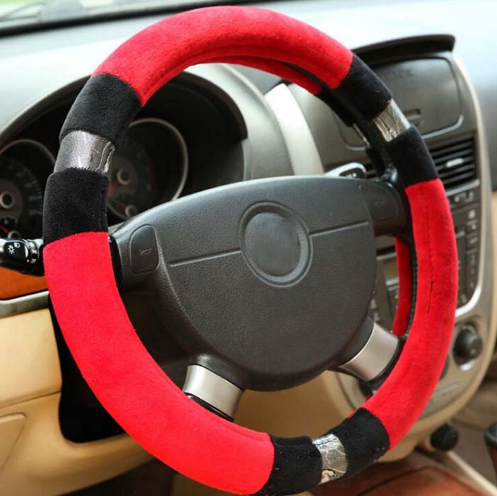 

38cm Universal Car Steering Wheel Cover decoration antislip breathable fashion short fur shiny strip design
