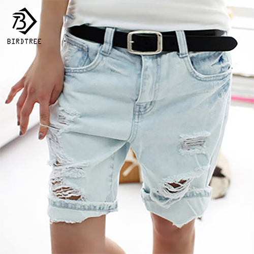 

Wholesale- Cotton Casual Plus Size 4XL 2017 Hot Women' Jeans Short Dog Embroidery Holes Ripped Pockets Knee Length Denim Shorts B7031307H, Light blue