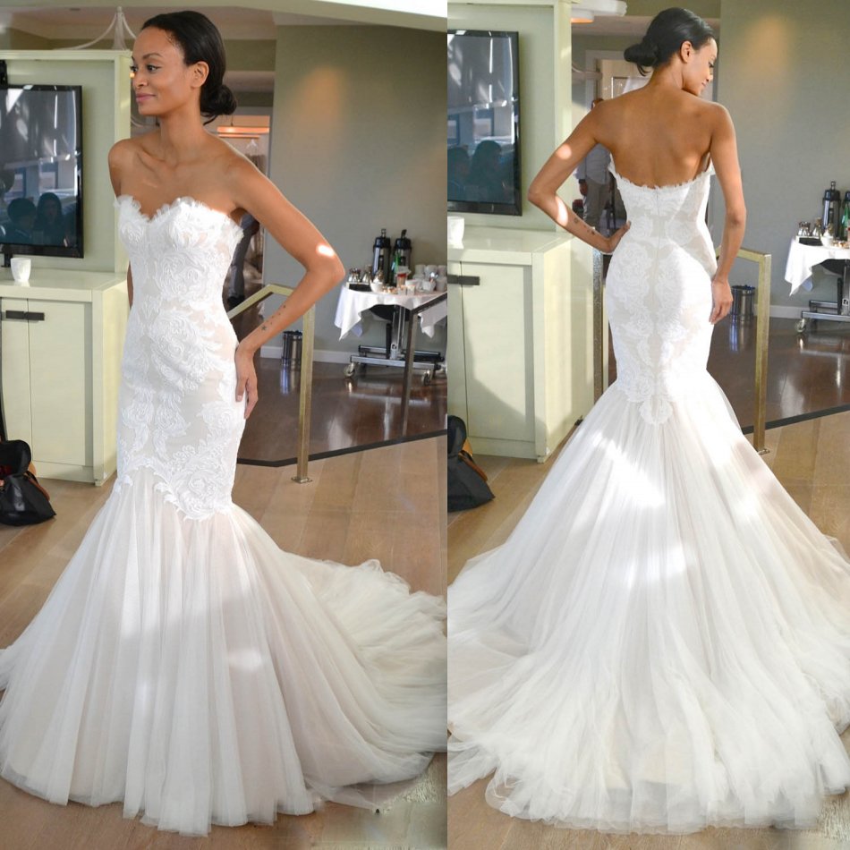 

2021 White Plus Size Mermaid Backless Bridal Gowns Sweetheart Sweep Train Lace Applique Wedding Dress Robe de mariée, Multicolor