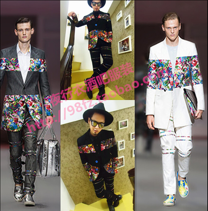 

2015 catwalk models suit color floral stitching long section of European and American suit men singer costume DS nightclub DJ, Black