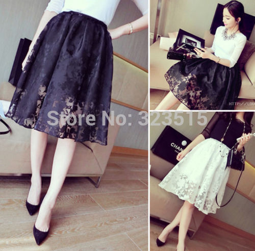 FG1511 2015 noir nouveau nouvelles femmes double couche de dentelle polyester plissé rétro taille élastique jupe livraison gratuite Drop Shipping
