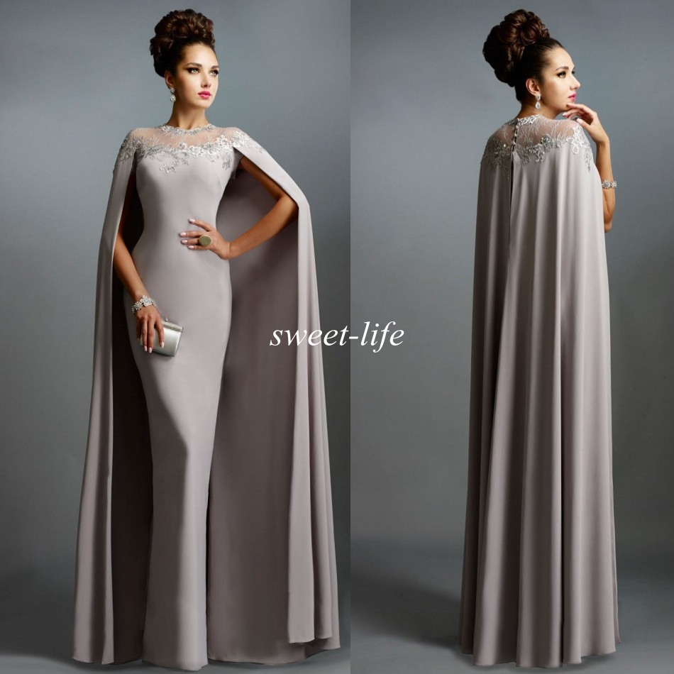 

Long Sexy Formal Celebrity Dress Cape Vintage Evening Gowns Lace Sheer Neck Sheath Prom Dresses, Gray
