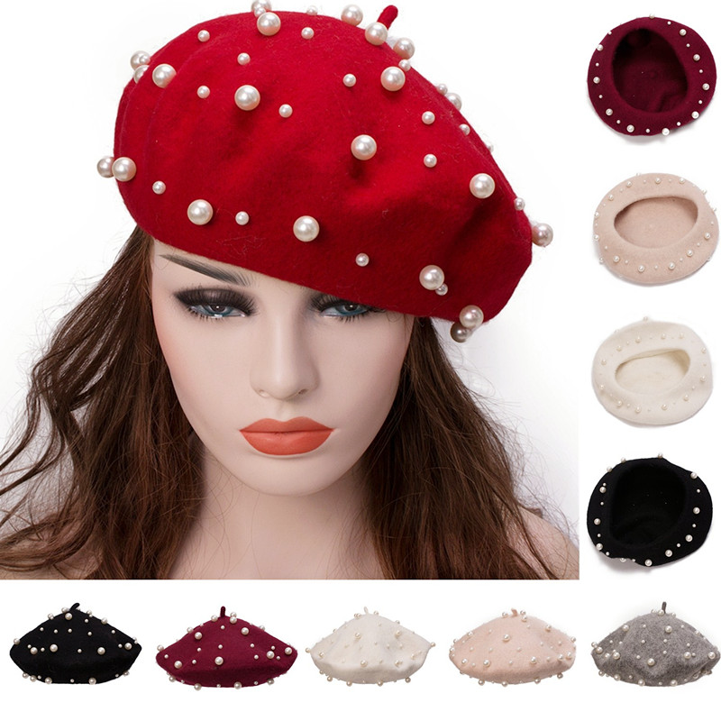 

Womens Classic Winter Woolen Knitted Hats Baggy Caps Fashion Sweet Pearl French Artist Beret Cap Y91, Gray