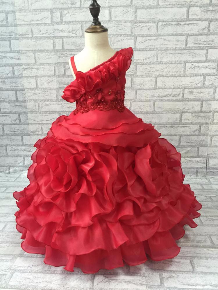 

2015 One Shoulder Flower Girl Dresses Princess Girls Pageant Dresses Kids Organza Floor Length Communion Wedding Party Gown, Ivory
