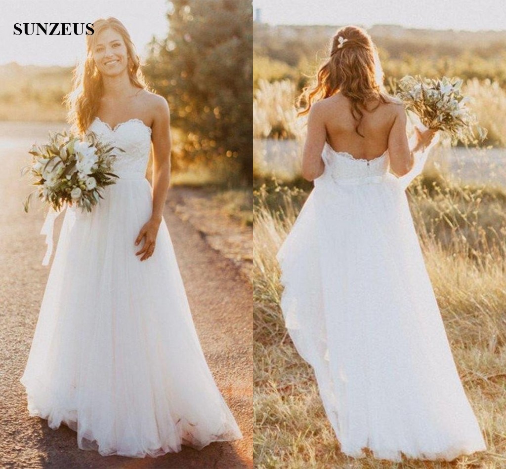

Romantic Sweetheart Lace Wedding Dresses Floor Length Long Tulle Bridal Gowns Bohemian Wedding Dress Free Shipping, White