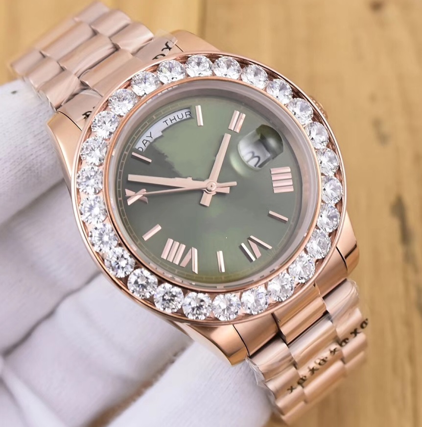 

Factory Supplier President Day-Date 41mm 18038 big Diamond Bezel Watch Rose Gold Mens Casual Watch Green Dial Automatic Men's Wristwatches