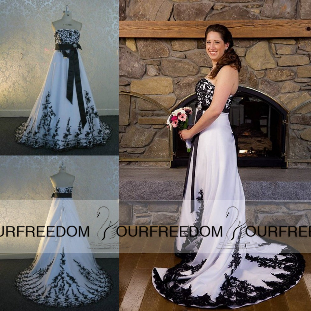 

Gothic Black and White Wedding Dress 2019 Wedding Dresses Strapless Bridal Gowns Black Appliques Long Train Lace Up Wedding Dresses Custom, Red