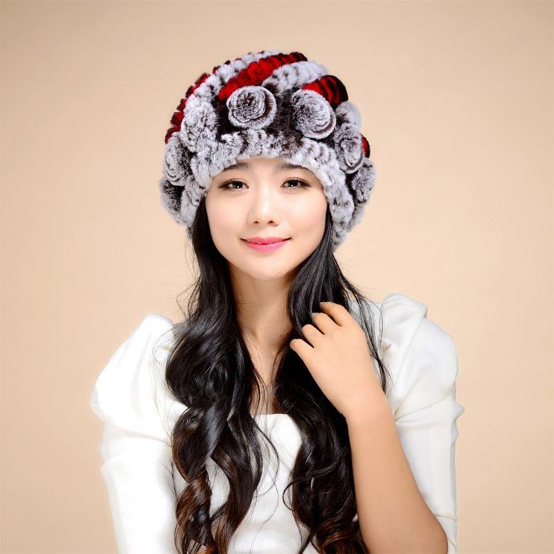 

Wholesale-14602b NEW Knitted Real REX rabbit fur hat top quality beanie hat with flower decoration headgear headdress head warmer, C1 silvery black