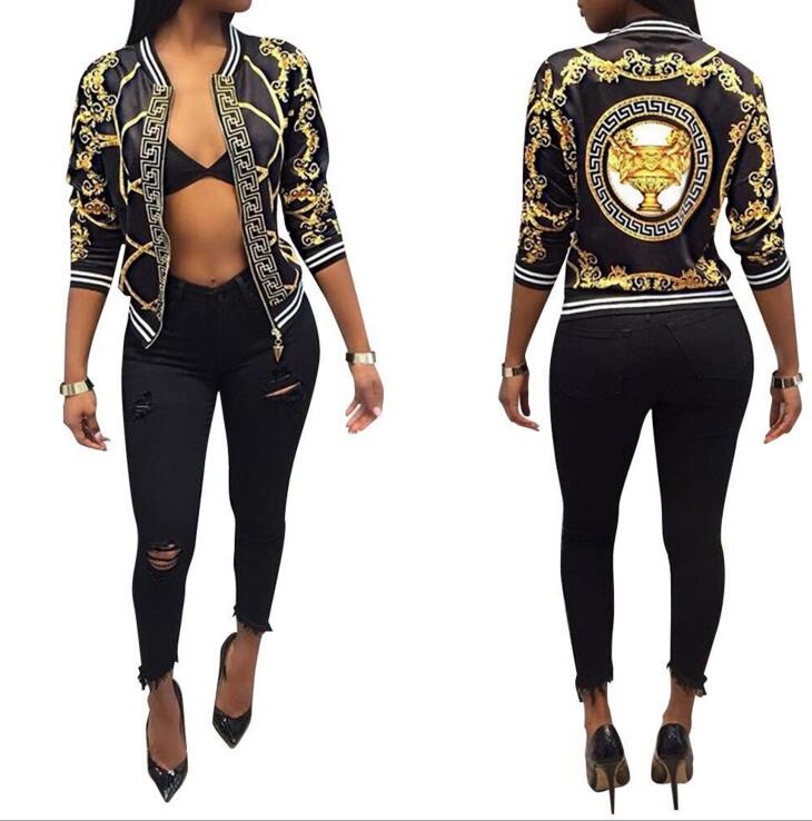 Damas de manga larga Cuello Redondo Cremallera Estampado floral elegante de verano de mujer chaqueta de bombardero