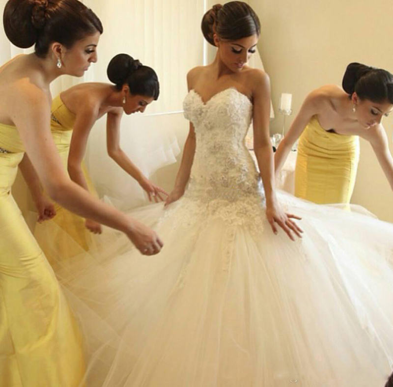 

Sexy Mermaid Wedding Dresses Applique Beaded Strapless Sweetheart Neckline Floor Length Tulle Ruffle puffy Exquisite Outdoor Bridal Gown, Same as image